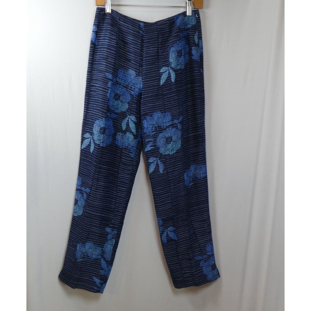 Sigrid Olsen Silk Linen Pants Womens 6 Navy Blue Floral Straight Leg Lined